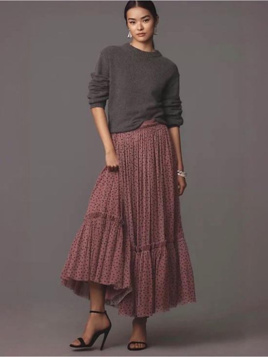 Anthropologie Dresses & Skirts - Anthropologie Pink Polka Dot Tiered Tulle Maxi Skirt Layered Mesh Small NWT